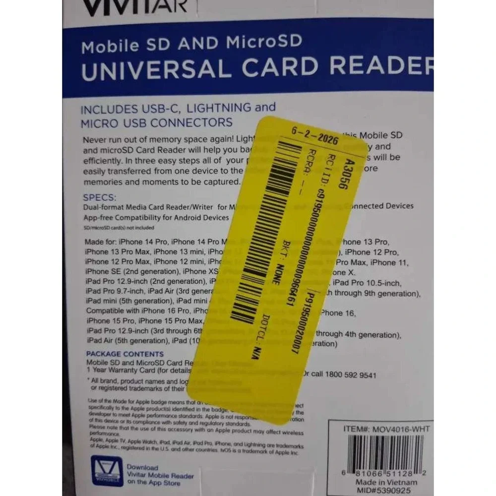 Vivitar Mobile SD MicroSD Universal Card Reader Lightning USB-C Micro USB White